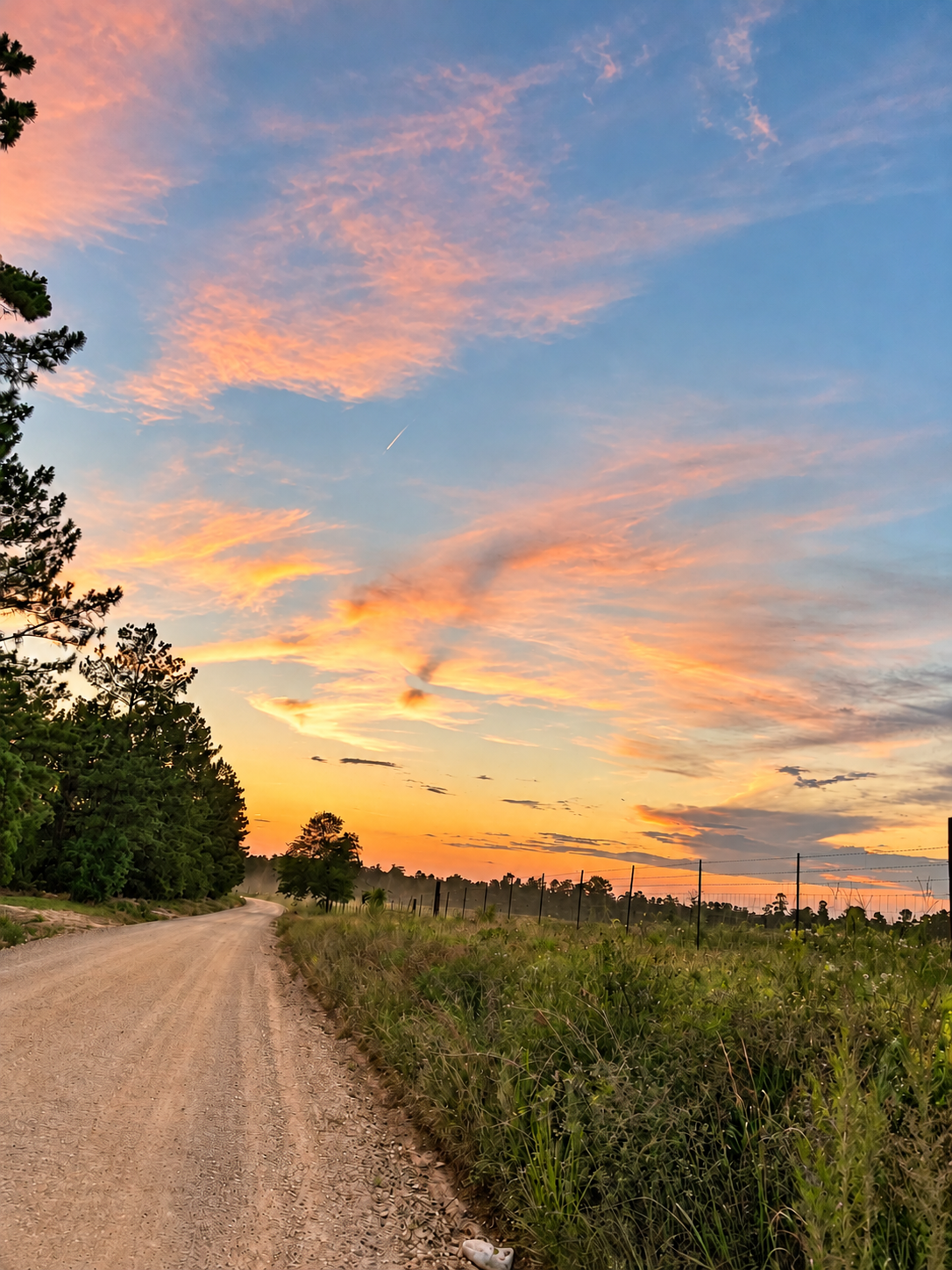 The sunset above a country road and grassy fence line