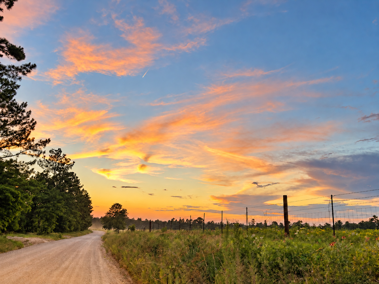A dirt road winding beside pine trees and a fence beneath a warm sunset